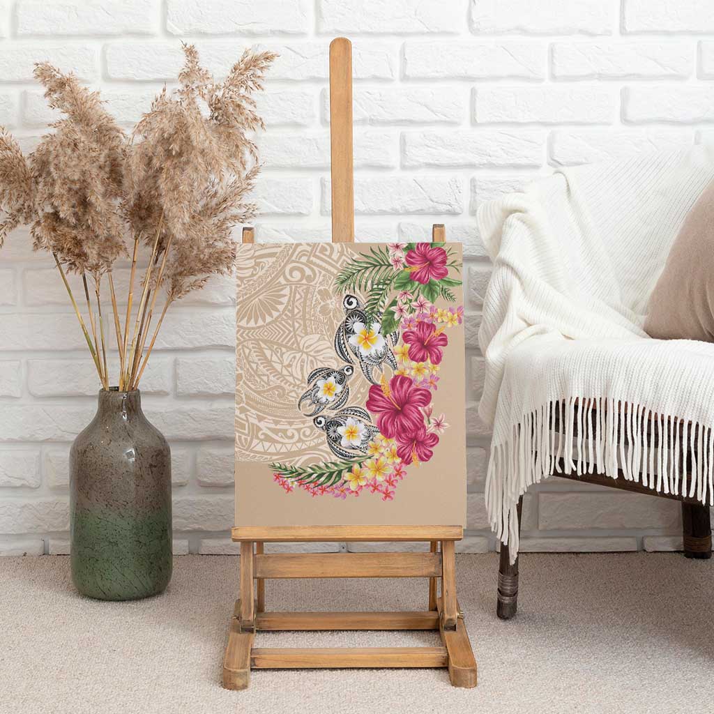 Hawaiian Tropical Flowers and Tribal Turtles Canvas Wall Art Polynesian Art Motifs Beige Color - Polynesian Pride