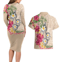 Hawaiian Tropical Flowers and Tribal Turtles Couples Matching Long Sleeve Bodycon Dress and Hawaiian Shirt Polynesian Art Motifs Beige Color LT03 - Polynesian Pride
