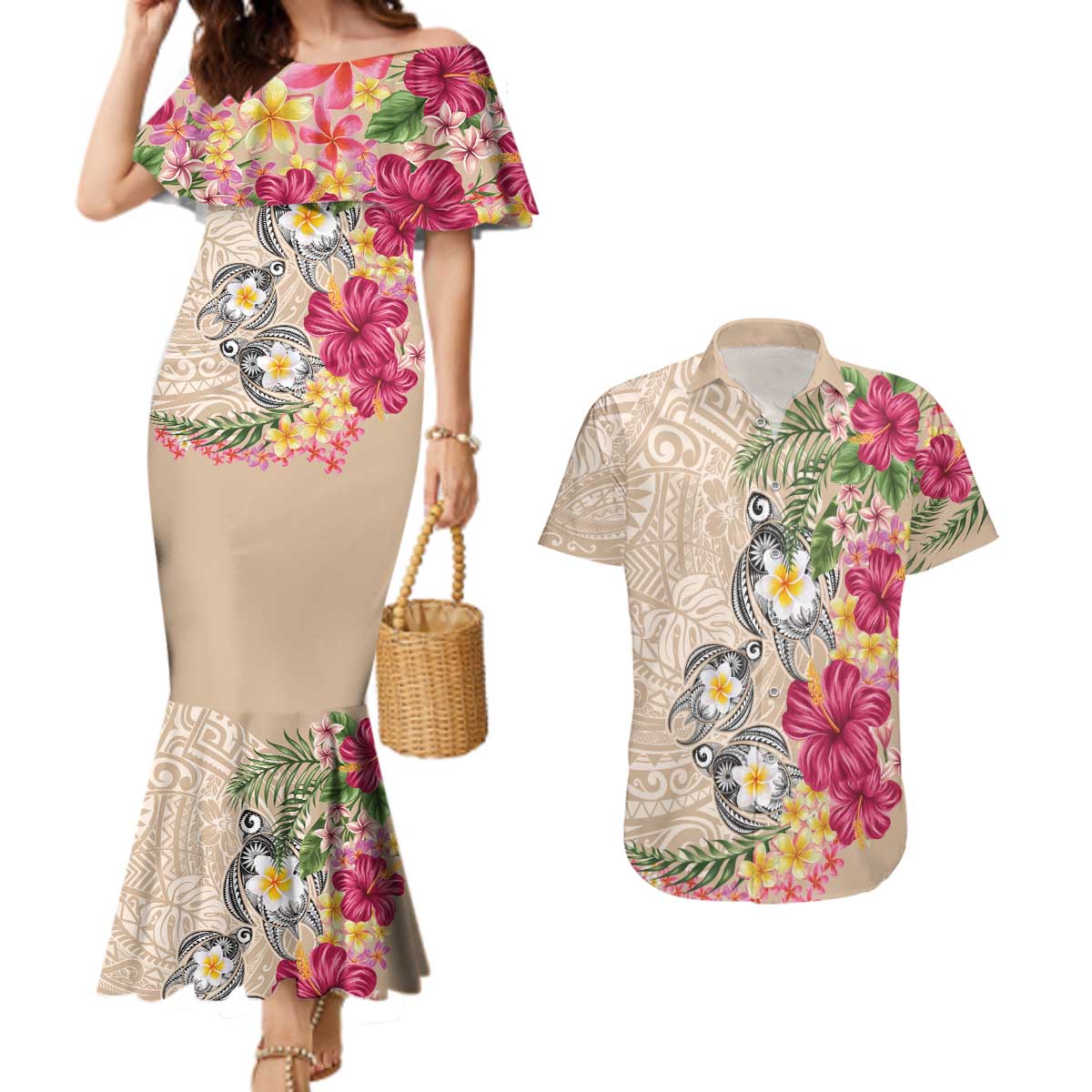 Hawaiian Tropical Flowers and Tribal Turtles Couples Matching Mermaid Dress and Hawaiian Shirt Polynesian Art Motifs Beige Color LT03 Beige - Polynesian Pride