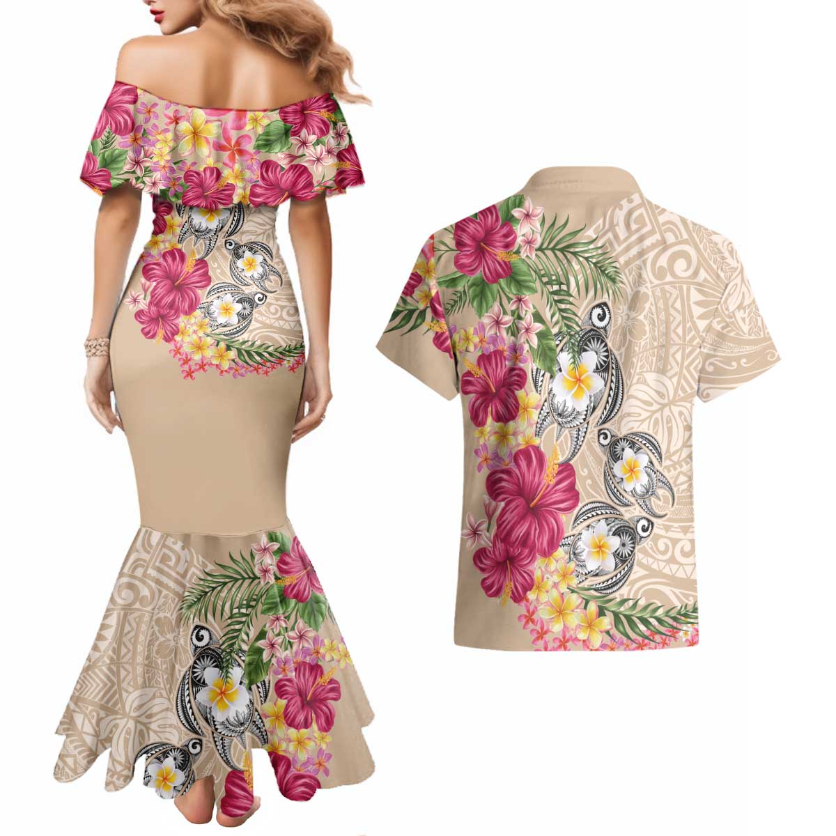 Hawaiian Tropical Flowers and Tribal Turtles Couples Matching Mermaid Dress and Hawaiian Shirt Polynesian Art Motifs Beige Color LT03 - Polynesian Pride
