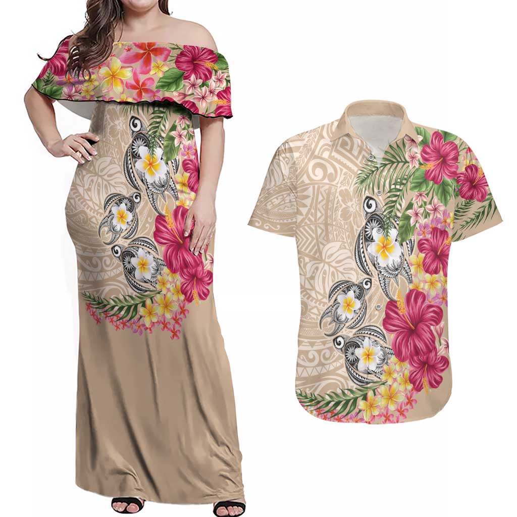 Hawaiian Tropical Flowers and Tribal Turtles Couples Matching Off Shoulder Maxi Dress and Hawaiian Shirt Polynesian Art Motifs Beige Color - Polynesian Pride