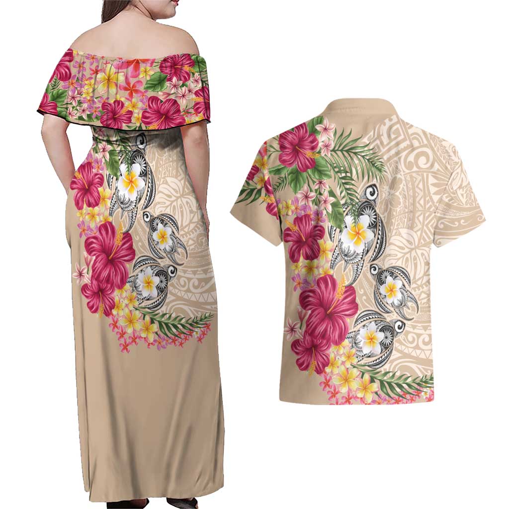 Hawaiian Tropical Flowers and Tribal Turtles Couples Matching Off Shoulder Maxi Dress and Hawaiian Shirt Polynesian Art Motifs Beige Color LT03 - Polynesian Pride