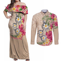Hawaiian Tropical Flowers and Tribal Turtles Couples Matching Off Shoulder Maxi Dress and Long Sleeve Button Shirt Polynesian Art Motifs Beige Color LT03 Beige - Polynesian Pride