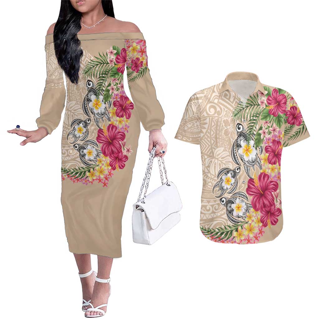 Hawaiian Tropical Flowers and Tribal Turtles Couples Matching Off The Shoulder Long Sleeve Dress and Hawaiian Shirt Polynesian Art Motifs Beige Color LT03 Beige - Polynesian Pride