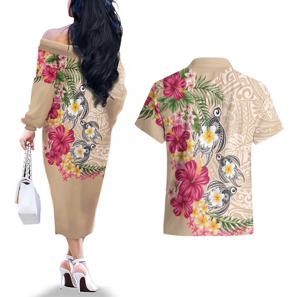 Hawaiian Tropical Flowers and Tribal Turtles Couples Matching Off The Shoulder Long Sleeve Dress and Hawaiian Shirt Polynesian Art Motifs Beige Color LT03 - Polynesian Pride