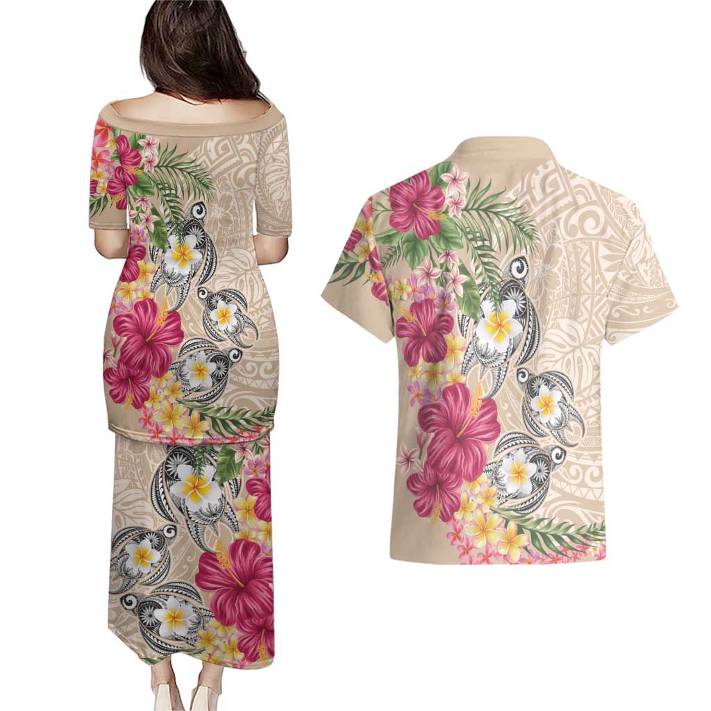 Hawaiian Tropical Flowers and Tribal Turtles Couples Matching Puletasi and Hawaiian Shirt Polynesian Art Motifs Beige Color LT03 - Polynesian Pride