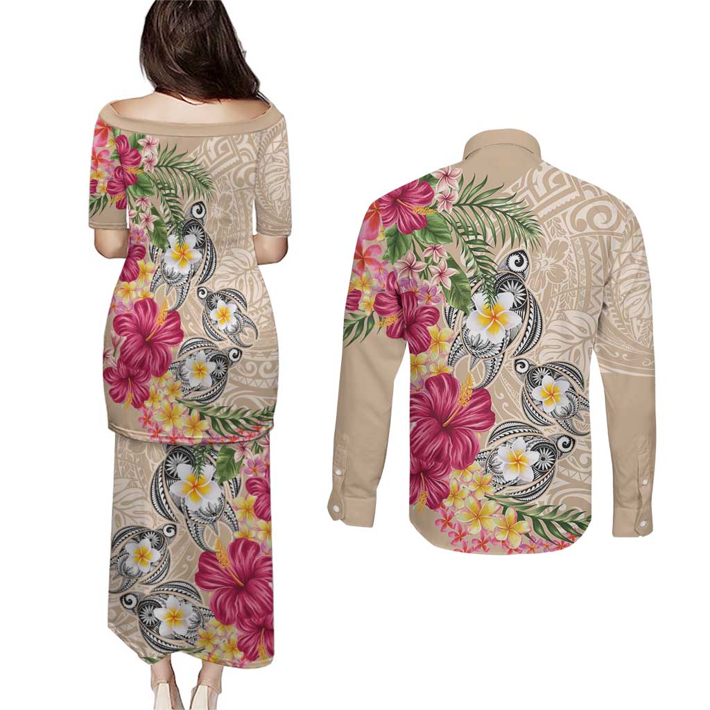 Hawaiian Tropical Flowers and Tribal Turtles Couples Matching Puletasi and Long Sleeve Button Shirt Polynesian Art Motifs Beige Color LT03 - Polynesian Pride