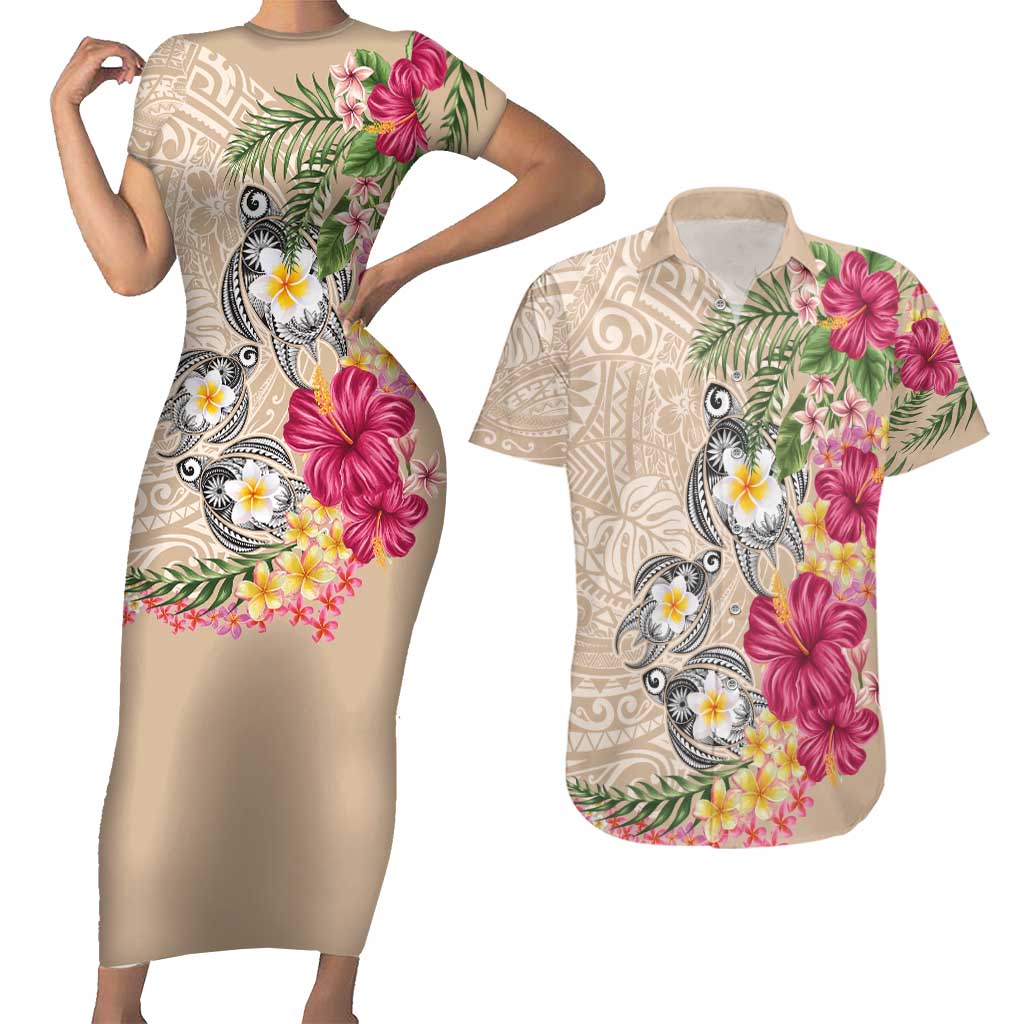 Hawaiian Tropical Flowers and Tribal Turtles Couples Matching Short Sleeve Bodycon Dress and Hawaiian Shirt Polynesian Art Motifs Beige Color - Polynesian Pride