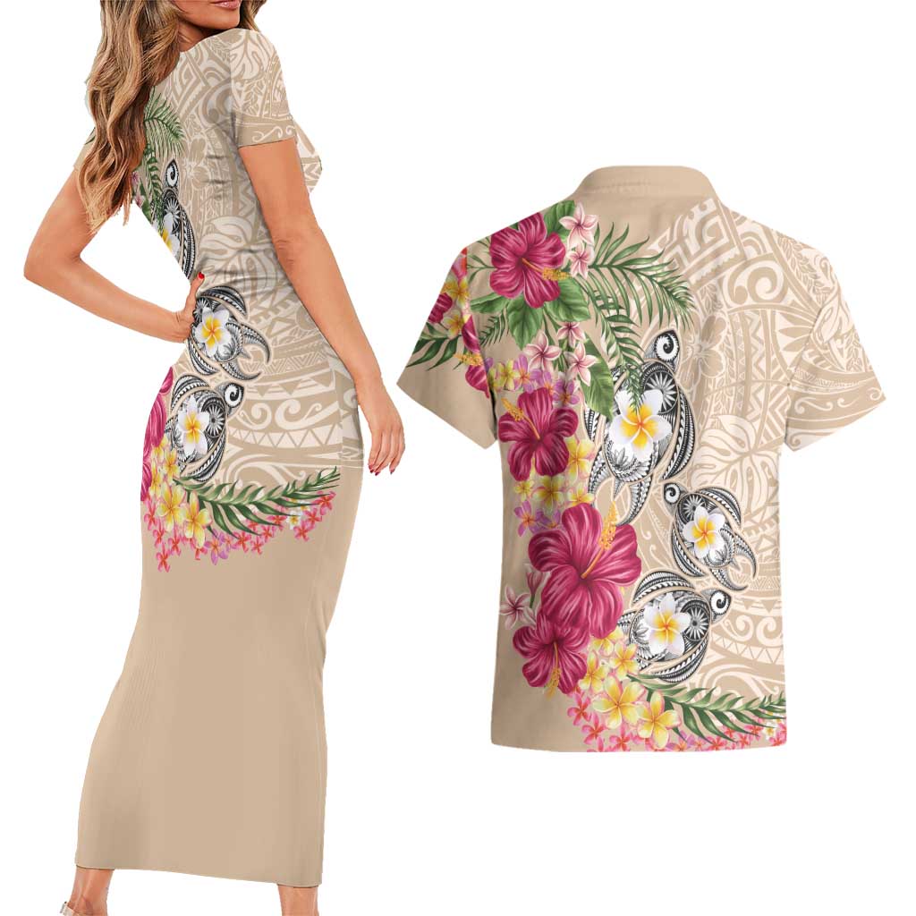 Hawaiian Tropical Flowers and Tribal Turtles Couples Matching Short Sleeve Bodycon Dress and Hawaiian Shirt Polynesian Art Motifs Beige Color LT03 - Polynesian Pride