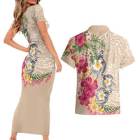 Hawaiian Tropical Flowers and Tribal Turtles Couples Matching Short Sleeve Bodycon Dress and Hawaiian Shirt Polynesian Art Motifs Beige Color LT03 - Polynesian Pride