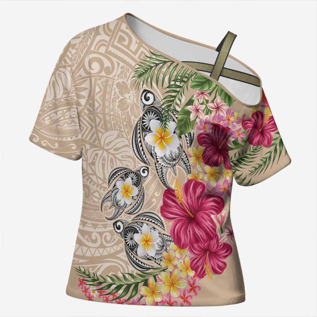 Hawaiian Tropical Flowers and Tribal Turtles Cross Shoulder Shirt Polynesian Art Motifs Beige Color LT03 Female Beige - Polynesian Pride