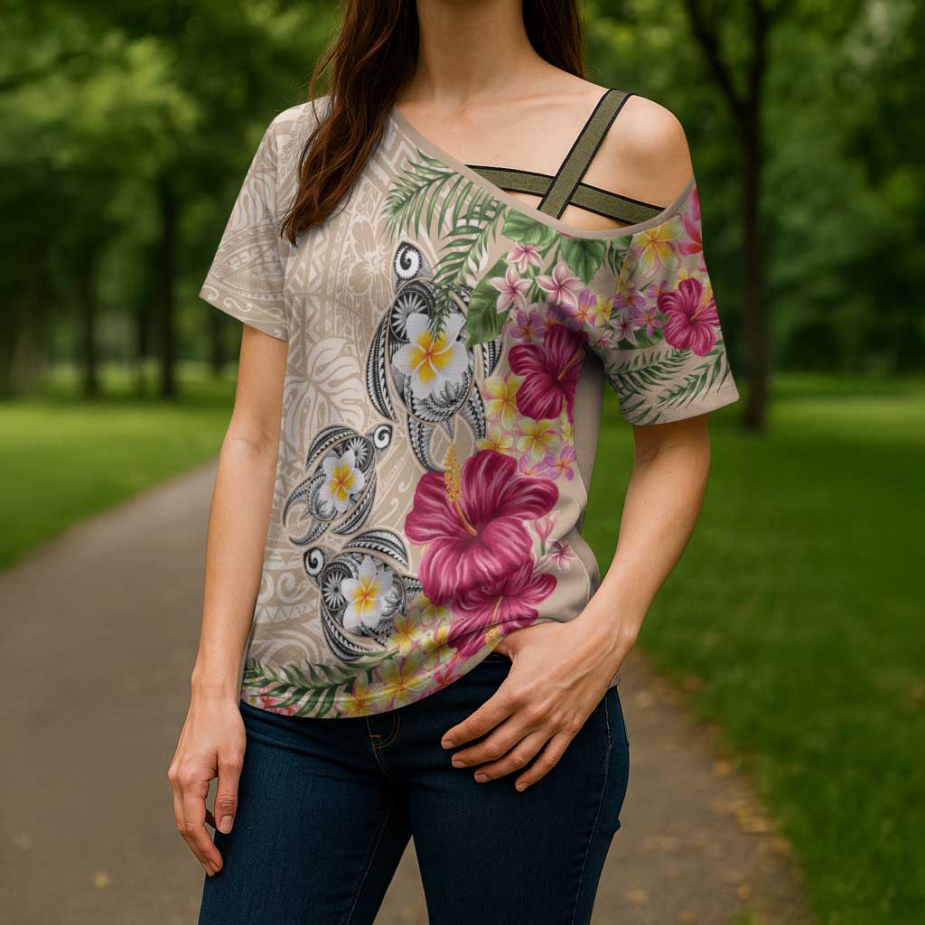Hawaiian Tropical Flowers and Tribal Turtles Cross Shoulder Shirt Polynesian Art Motifs Beige Color LT03 - Polynesian Pride