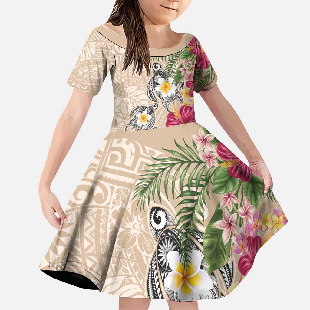 Hawaiian Tropical Flowers and Tribal Turtles Family Matching Mermaid Dress and Hawaiian Shirt Polynesian Art Motifs Beige Color LT03 Daughter's Dress Beige - Polynesian Pride