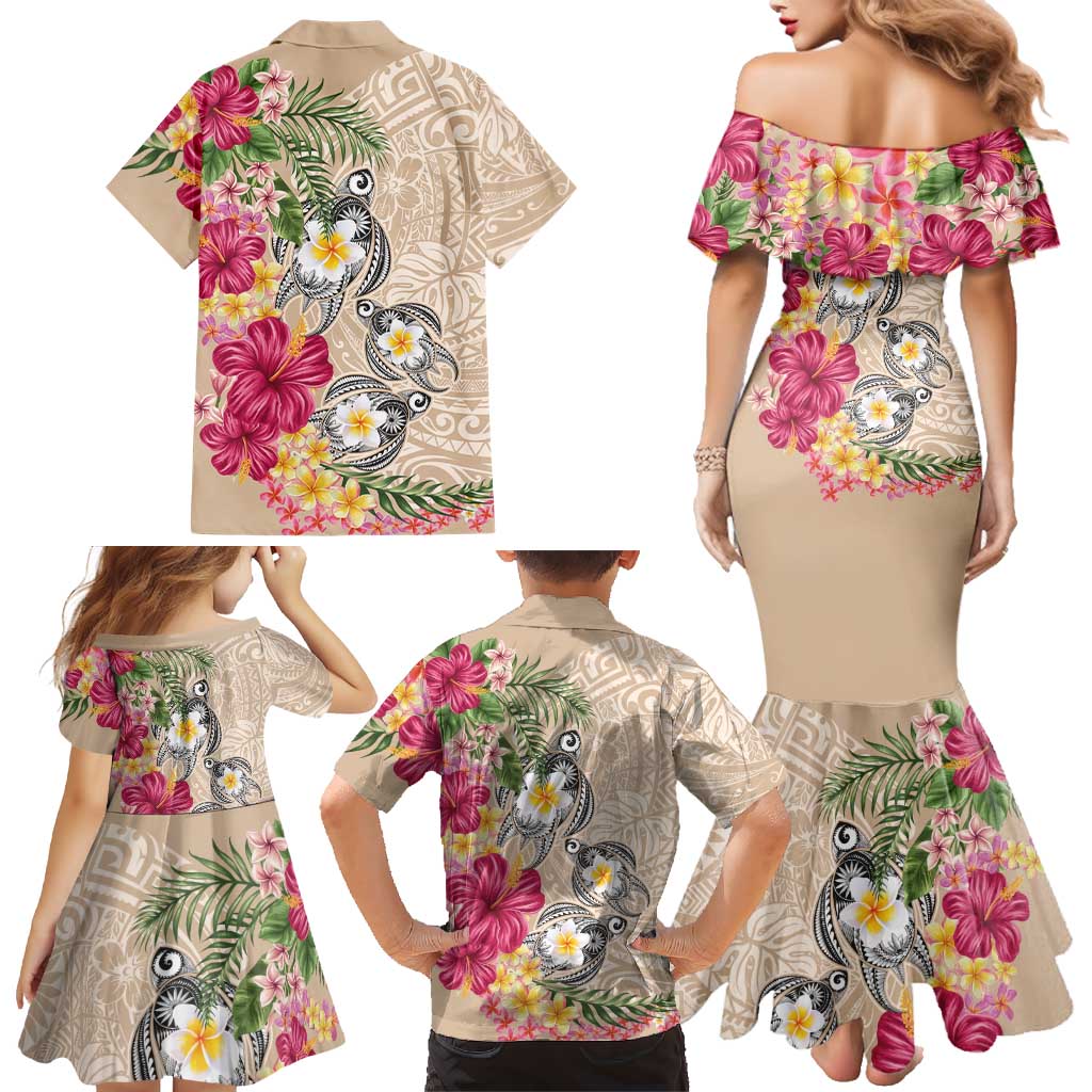 Hawaiian Tropical Flowers and Tribal Turtles Family Matching Mermaid Dress and Hawaiian Shirt Polynesian Art Motifs Beige Color LT03 - Polynesian Pride