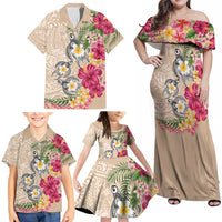 Hawaiian Tropical Flowers and Tribal Turtles Family Matching Off Shoulder Maxi Dress and Hawaiian Shirt Polynesian Art Motifs Beige Color LT03 - Polynesian Pride
