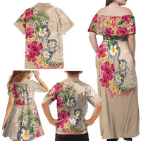 Hawaiian Tropical Flowers and Tribal Turtles Family Matching Off Shoulder Maxi Dress and Hawaiian Shirt Polynesian Art Motifs Beige Color LT03 - Polynesian Pride