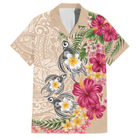 Hawaiian Tropical Flowers and Tribal Turtles Family Matching Off Shoulder Maxi Dress and Hawaiian Shirt Polynesian Art Motifs Beige Color LT03 Dad's Shirt - Short Sleeve Beige - Polynesian Pride