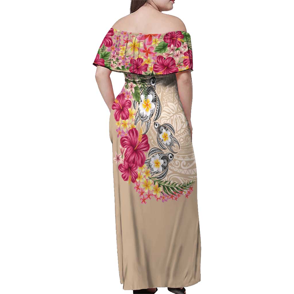 Hawaiian Tropical Flowers and Tribal Turtles Family Matching Off Shoulder Maxi Dress and Hawaiian Shirt Polynesian Art Motifs Beige Color LT03 - Polynesian Pride