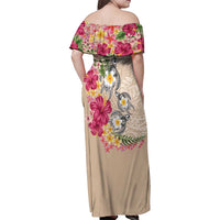 Hawaiian Tropical Flowers and Tribal Turtles Family Matching Off Shoulder Maxi Dress and Hawaiian Shirt Polynesian Art Motifs Beige Color LT03 - Polynesian Pride