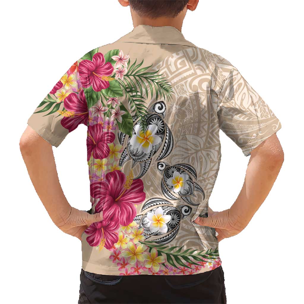 Hawaiian Tropical Flowers and Tribal Turtles Family Matching Off Shoulder Short Dress and Hawaiian Shirt Polynesian Art Motifs Beige Color LT03 - Polynesian Pride