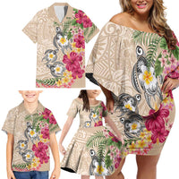 Hawaiian Tropical Flowers and Tribal Turtles Family Matching Off Shoulder Short Dress and Hawaiian Shirt Polynesian Art Motifs Beige Color LT03 - Polynesian Pride