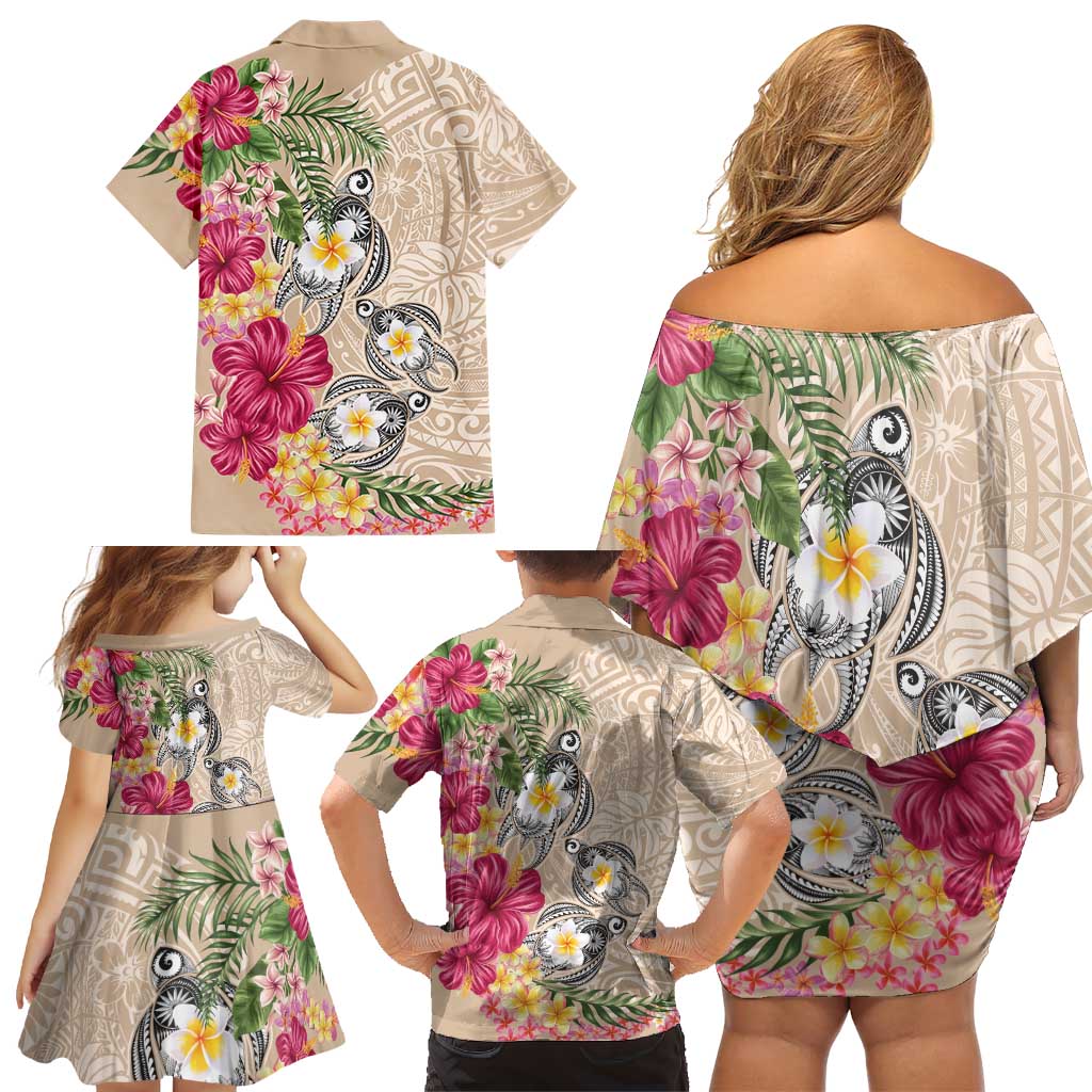 Hawaiian Tropical Flowers and Tribal Turtles Family Matching Off Shoulder Short Dress and Hawaiian Shirt Polynesian Art Motifs Beige Color LT03 - Polynesian Pride
