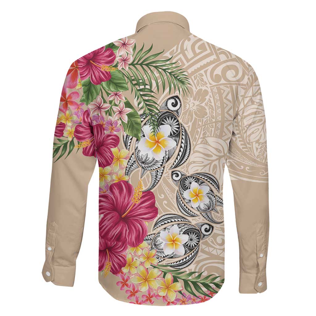 Hawaiian Tropical Flowers and Tribal Turtles Family Matching Off Shoulder Short Dress and Hawaiian Shirt Polynesian Art Motifs Beige Color LT03 - Polynesian Pride