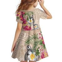 Hawaiian Tropical Flowers and Tribal Turtles Family Matching Short Sleeve Bodycon Dress and Hawaiian Shirt Polynesian Art Motifs Beige Color LT03 - Polynesian Pride
