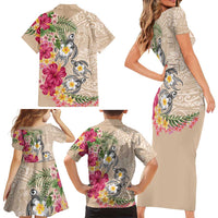 Hawaiian Tropical Flowers and Tribal Turtles Family Matching Short Sleeve Bodycon Dress and Hawaiian Shirt Polynesian Art Motifs Beige Color LT03 - Polynesian Pride