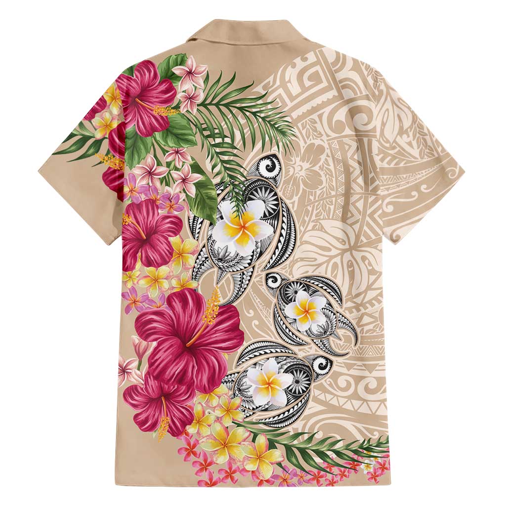 Hawaiian Tropical Flowers and Tribal Turtles Family Matching Short Sleeve Bodycon Dress and Hawaiian Shirt Polynesian Art Motifs Beige Color LT03 - Polynesian Pride