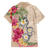 Hawaiian Tropical Flowers and Tribal Turtles Family Matching Short Sleeve Bodycon Dress and Hawaiian Shirt Polynesian Art Motifs Beige Color LT03 - Polynesian Pride