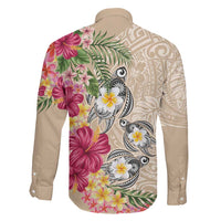 Hawaiian Tropical Flowers and Tribal Turtles Family Matching Short Sleeve Bodycon Dress and Hawaiian Shirt Polynesian Art Motifs Beige Color LT03 - Polynesian Pride