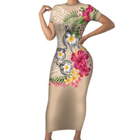 Hawaiian Tropical Flowers and Tribal Turtles Family Matching Short Sleeve Bodycon Dress and Hawaiian Shirt Polynesian Art Motifs Beige Color LT03 Mom's Dress Beige - Polynesian Pride