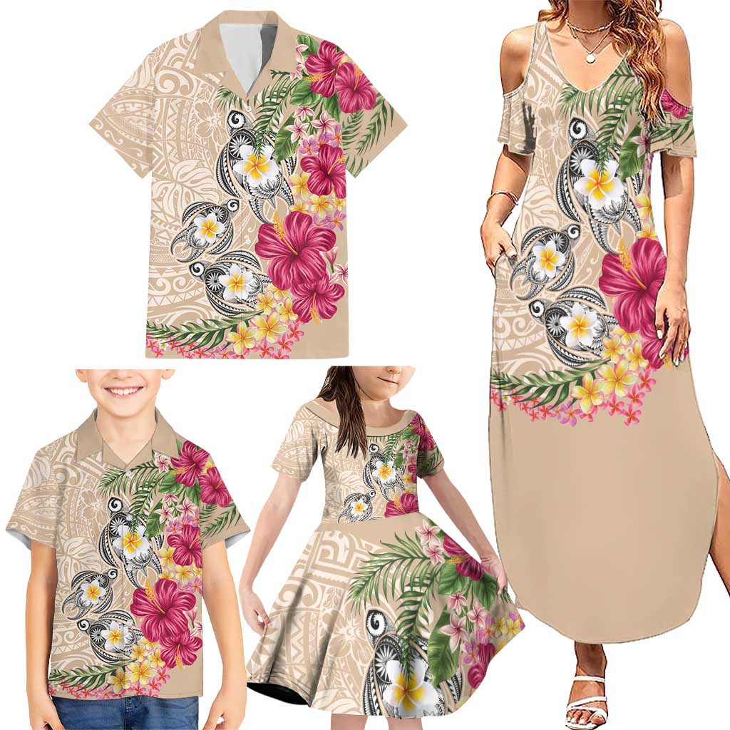 Hawaiian Tropical Flowers and Tribal Turtles Family Matching Summer Maxi Dress and Hawaiian Shirt Polynesian Art Motifs Beige Color LT03 - Polynesian Pride