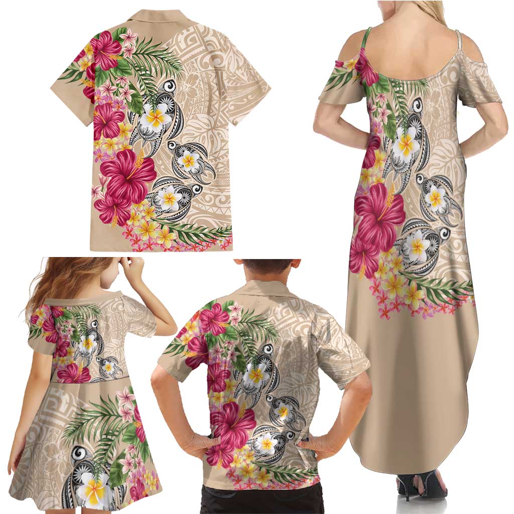 Hawaiian Tropical Flowers and Tribal Turtles Family Matching Summer Maxi Dress and Hawaiian Shirt Polynesian Art Motifs Beige Color LT03 - Polynesian Pride