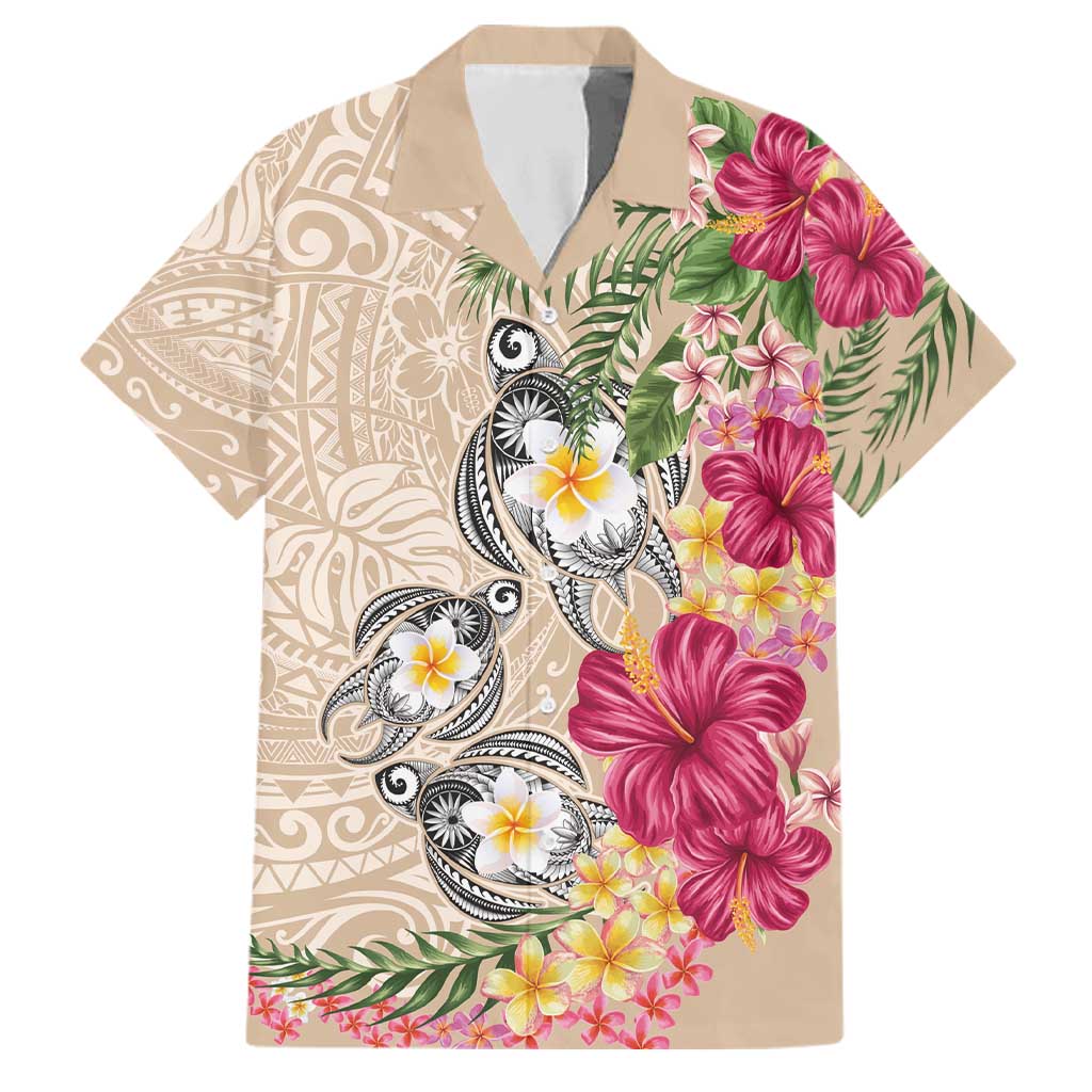 Hawaiian Tropical Flowers and Tribal Turtles Family Matching Summer Maxi Dress and Hawaiian Shirt Polynesian Art Motifs Beige Color LT03 Dad's Shirt - Short Sleeve Beige - Polynesian Pride