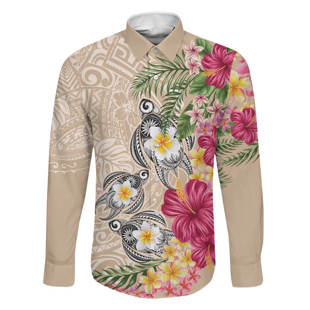Hawaiian Tropical Flowers and Tribal Turtles Family Matching Summer Maxi Dress and Hawaiian Shirt Polynesian Art Motifs Beige Color LT03 Dad's Shirt - Long Sleeve Beige - Polynesian Pride