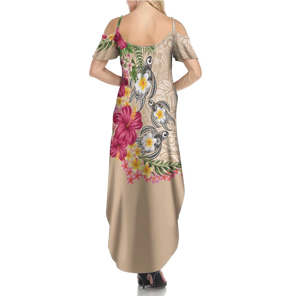 Hawaiian Tropical Flowers and Tribal Turtles Family Matching Summer Maxi Dress and Hawaiian Shirt Polynesian Art Motifs Beige Color LT03 - Polynesian Pride