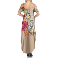 Hawaiian Tropical Flowers and Tribal Turtles Family Matching Summer Maxi Dress and Hawaiian Shirt Polynesian Art Motifs Beige Color LT03 - Polynesian Pride