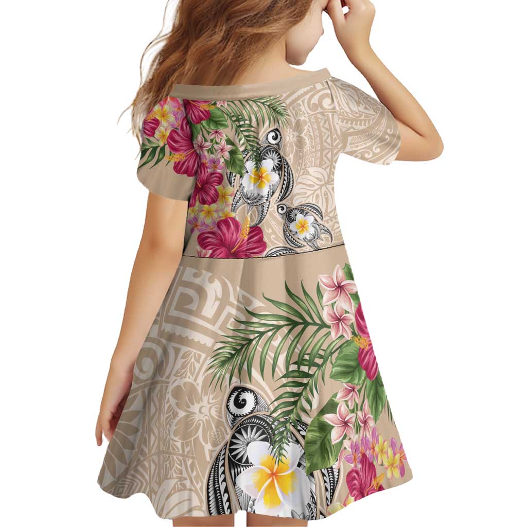 Hawaiian Tropical Flowers and Tribal Turtles Family Matching Tank Maxi Dress and Hawaiian Shirt Polynesian Art Motifs Beige Color LT03 - Polynesian Pride