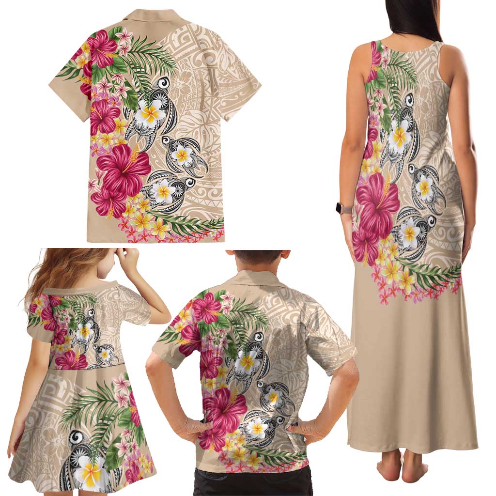 Hawaiian Tropical Flowers and Tribal Turtles Family Matching Tank Maxi Dress and Hawaiian Shirt Polynesian Art Motifs Beige Color LT03 - Polynesian Pride