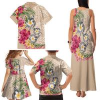 Hawaiian Tropical Flowers and Tribal Turtles Family Matching Tank Maxi Dress and Hawaiian Shirt Polynesian Art Motifs Beige Color LT03 - Polynesian Pride
