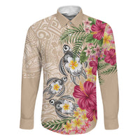 Hawaiian Tropical Flowers and Tribal Turtles Family Matching Tank Maxi Dress and Hawaiian Shirt Polynesian Art Motifs Beige Color LT03 Dad's Shirt - Long Sleeve Beige - Polynesian Pride