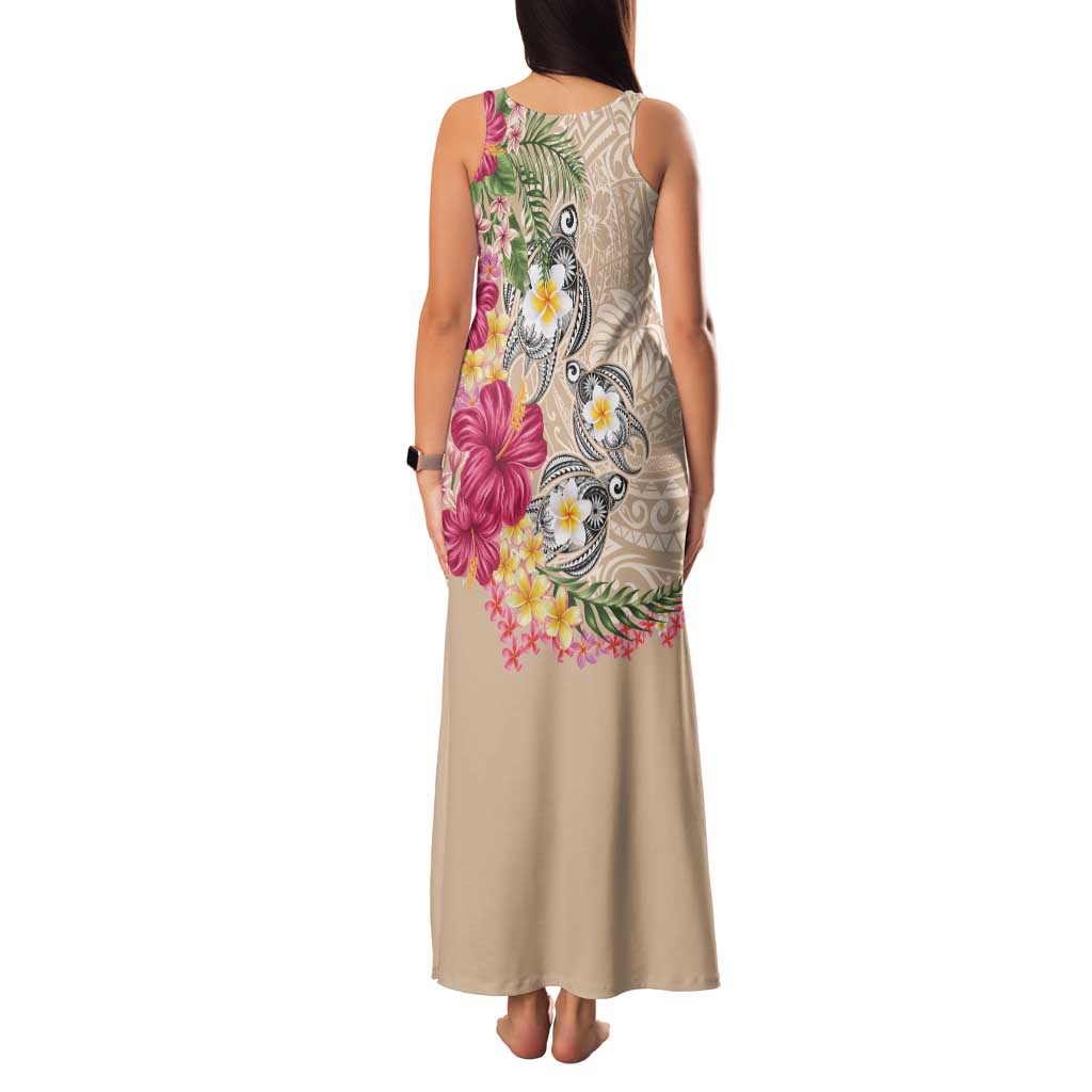 Hawaiian Tropical Flowers and Tribal Turtles Family Matching Tank Maxi Dress and Hawaiian Shirt Polynesian Art Motifs Beige Color LT03 - Polynesian Pride