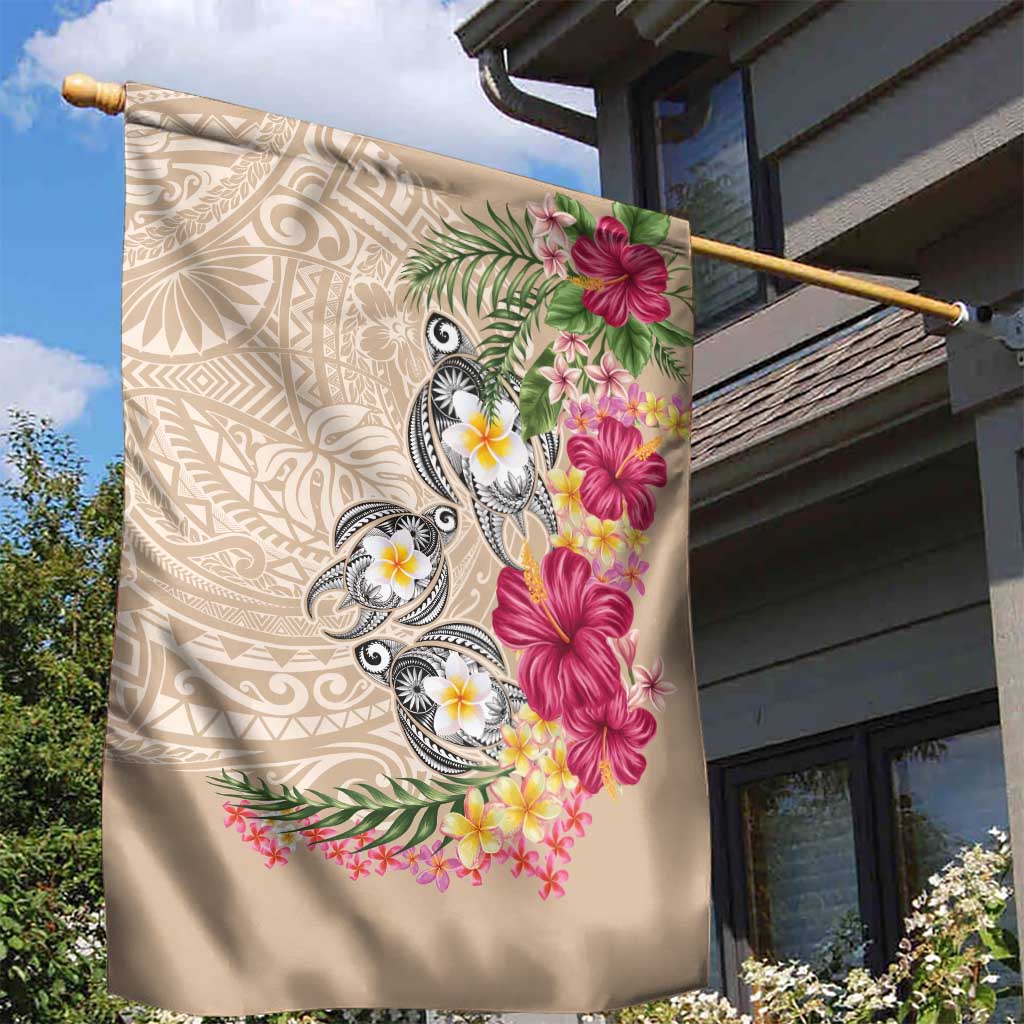 Hawaiian Tropical Flowers and Tribal Turtles Garden Flag Polynesian Art Motifs Beige Color LT03 - Polynesian Pride