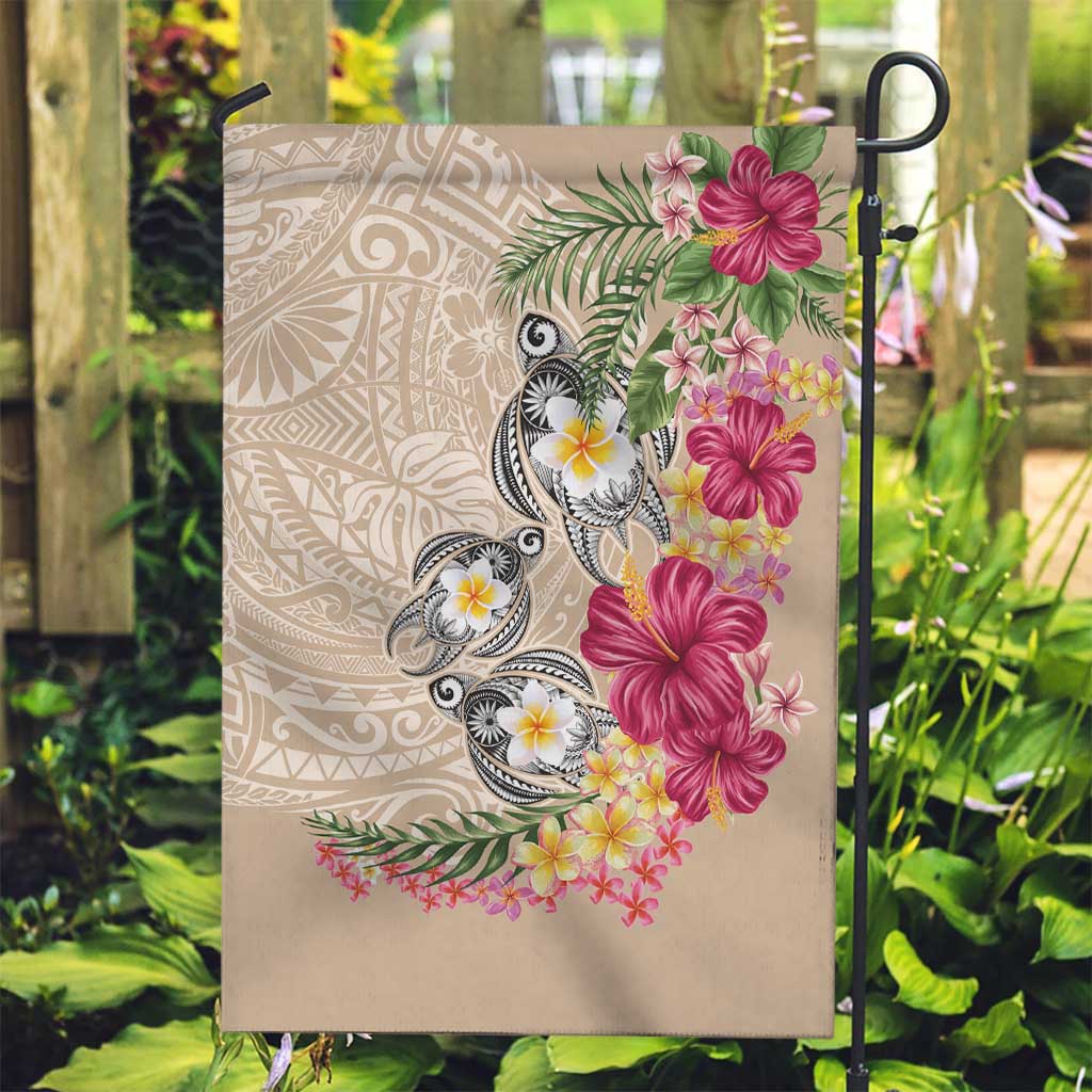 Hawaiian Tropical Flowers and Tribal Turtles Garden Flag Polynesian Art Motifs Beige Color LT03 Garden Flag Beige - Polynesian Pride