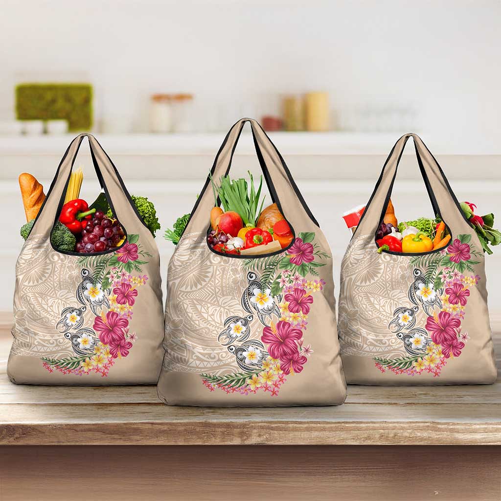Hawaiian Tropical Flowers and Tribal Turtles Grocery Bag Polynesian Art Motifs Beige Color LT03 3-pack One Size Beige - Polynesian Pride