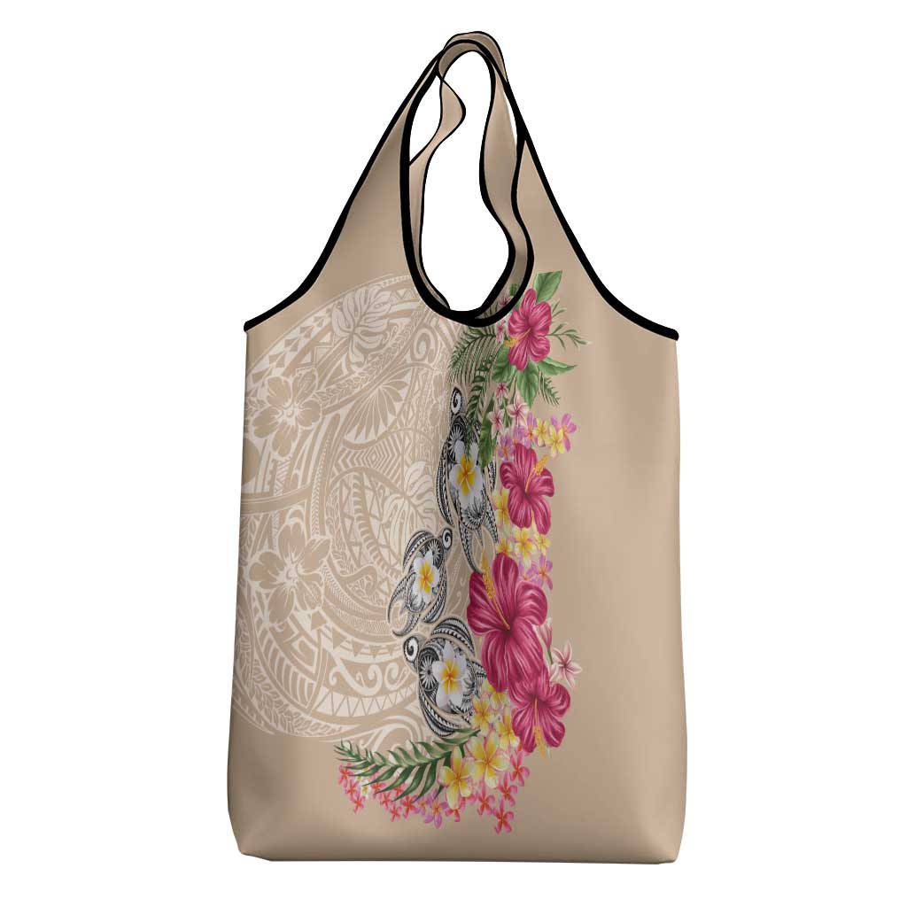 Hawaiian Tropical Flowers and Tribal Turtles Grocery Bag Polynesian Art Motifs Beige Color LT03 - Polynesian Pride