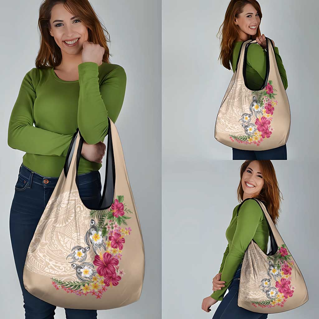 Hawaiian Tropical Flowers and Tribal Turtles Grocery Bag Polynesian Art Motifs Beige Color LT03 - Polynesian Pride