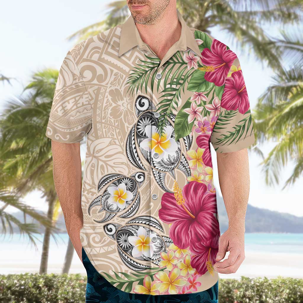 Hawaiian Tropical Flowers and Tribal Turtles Hawaiian Shirt Polynesian Art Motifs Beige Color LT03 - Polynesian Pride